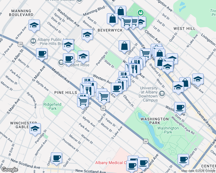 map of restaurants, bars, coffee shops, grocery stores, and more near 465 Hudson Avenue in Albany