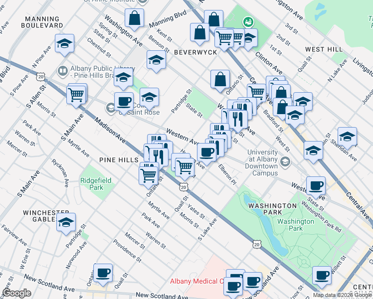 map of restaurants, bars, coffee shops, grocery stores, and more near 492 Hudson Avenue in Albany