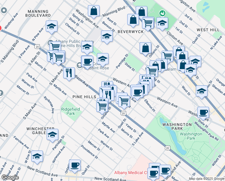 map of restaurants, bars, coffee shops, grocery stores, and more near 506 Hamilton Street in Albany
