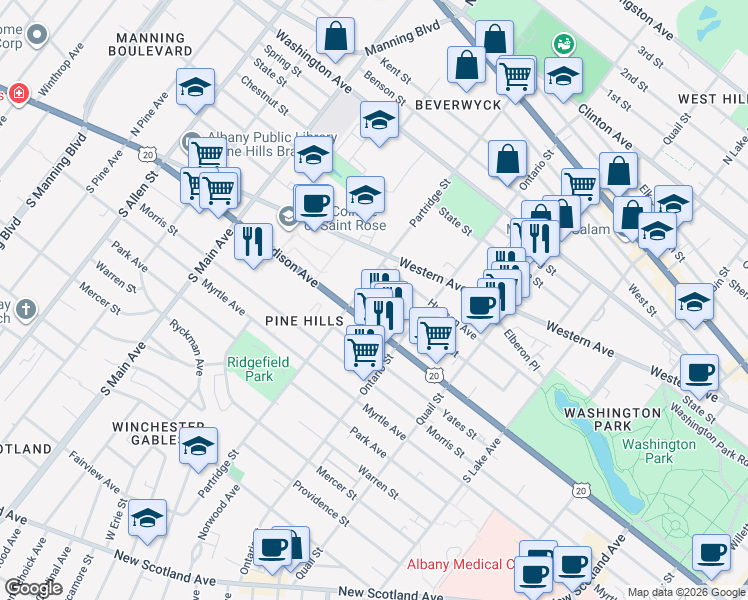 map of restaurants, bars, coffee shops, grocery stores, and more near 890 Madison Avenue in Albany
