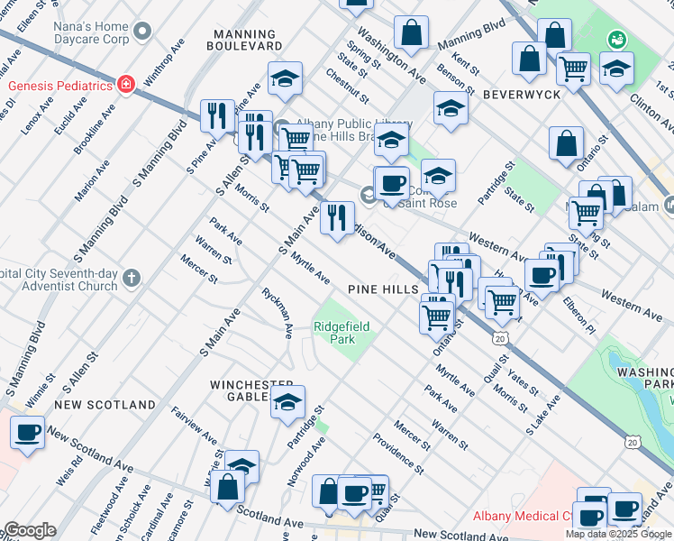 map of restaurants, bars, coffee shops, grocery stores, and more near 761 Myrtle Avenue in Albany