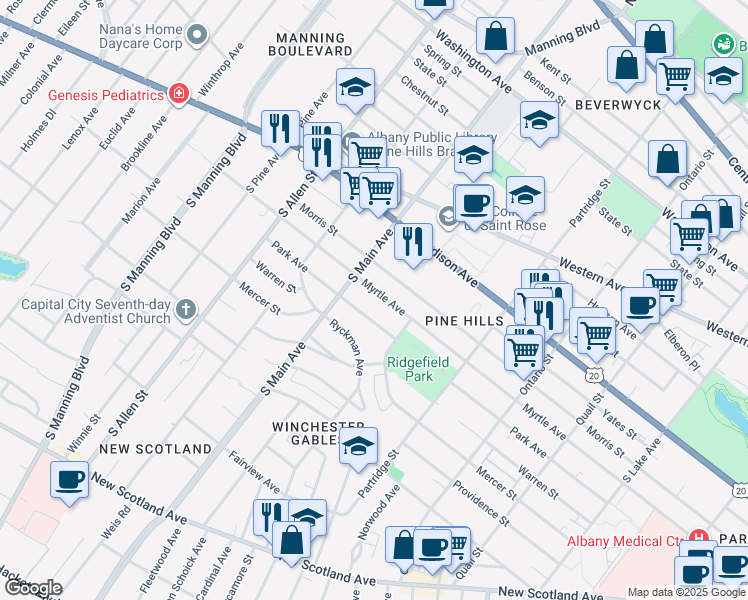map of restaurants, bars, coffee shops, grocery stores, and more near 795 Park Avenue in Albany