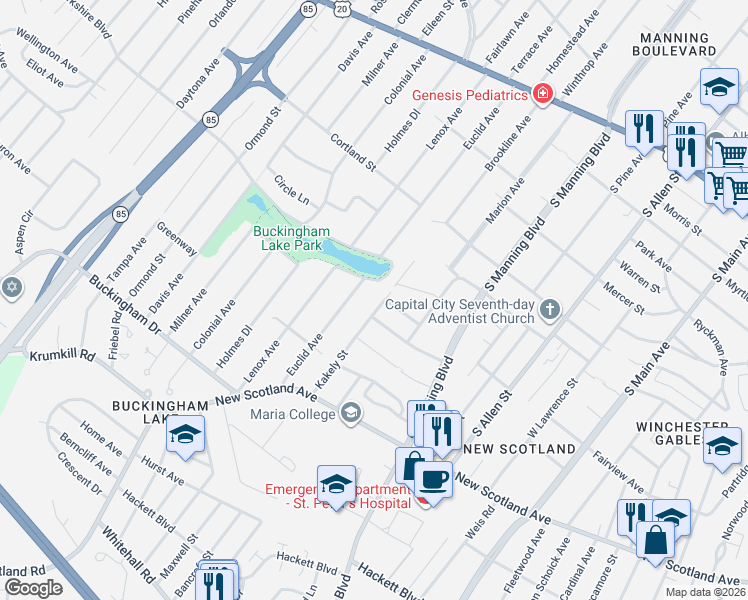 map of restaurants, bars, coffee shops, grocery stores, and more near 40 Kakely Street in Albany
