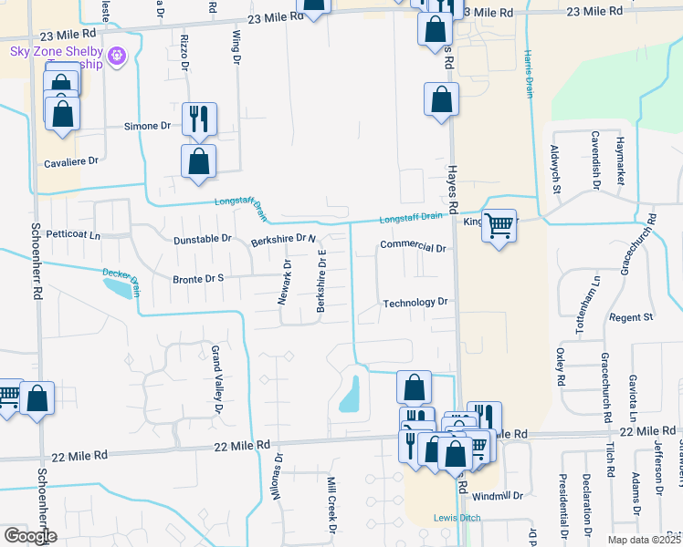 map of restaurants, bars, coffee shops, grocery stores, and more near 14748 Wickford Court in Macomb County