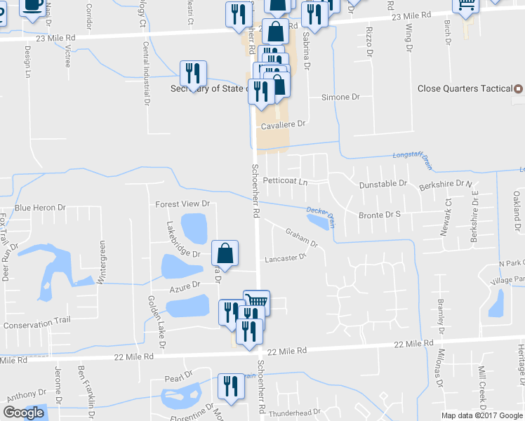 map of restaurants, bars, coffee shops, grocery stores, and more near 13651 Graham Drive in Macomb County