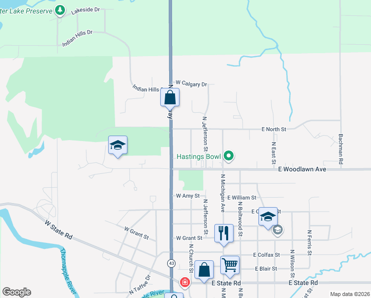 map of restaurants, bars, coffee shops, grocery stores, and more near 1401 North Broadway in Hastings