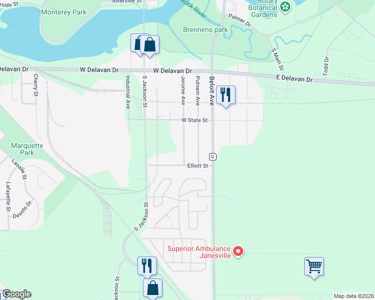 map of restaurants, bars, coffee shops, grocery stores, and more near 1326 Jerome Avenue in Janesville