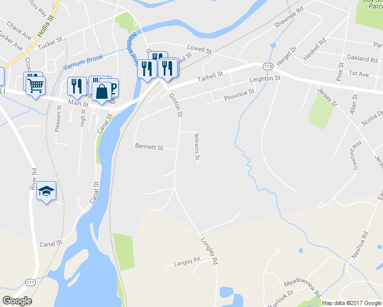 map of restaurants, bars, coffee shops, grocery stores, and more near 15 Williams Street in Pepperell