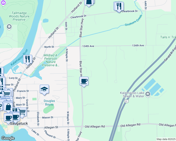 map of restaurants, bars, coffee shops, grocery stores, and more near 3353 Blue Star Highway in Saugatuck
