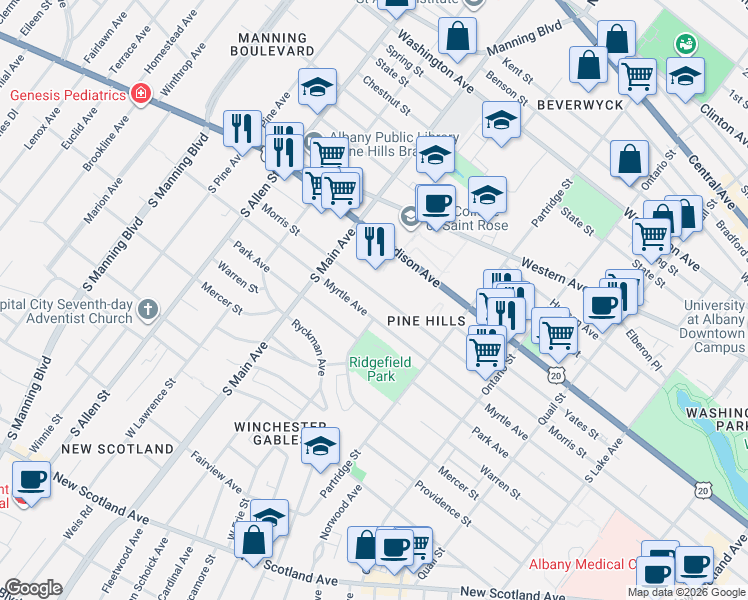 map of restaurants, bars, coffee shops, grocery stores, and more near 761 Myrtle Avenue in Albany