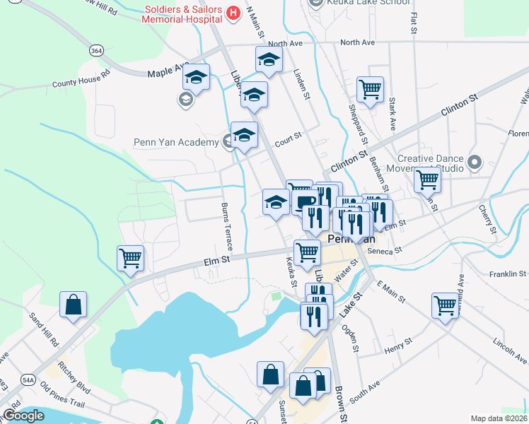 map of restaurants, bars, coffee shops, grocery stores, and more near 100 Davis St in Penn Yan