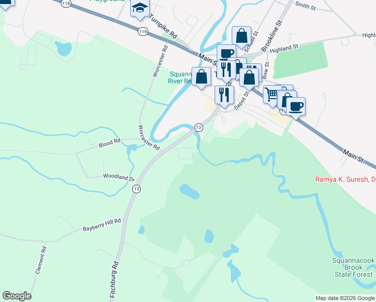map of restaurants, bars, coffee shops, grocery stores, and more near 86 Elm Street in Townsend