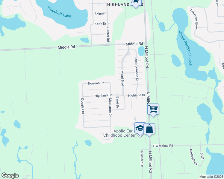 map of restaurants, bars, coffee shops, grocery stores, and more near 2372 Maclaren Drive in Highland Charter Township