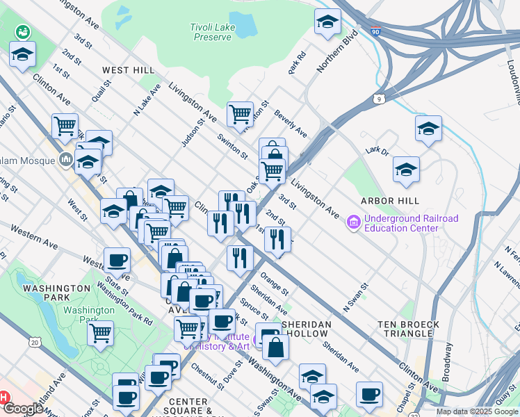 map of restaurants, bars, coffee shops, grocery stores, and more near 2nd Street in Albany