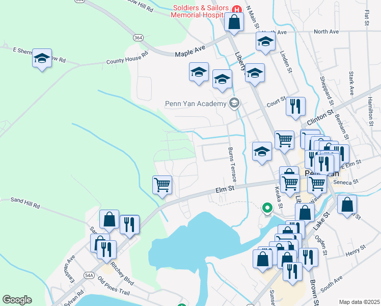 map of restaurants, bars, coffee shops, grocery stores, and more near 426 Court Street in Penn Yan