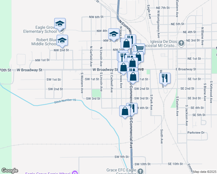 map of restaurants, bars, coffee shops, grocery stores, and more near 301-399 South Cadwell Avenue in Eagle Grove