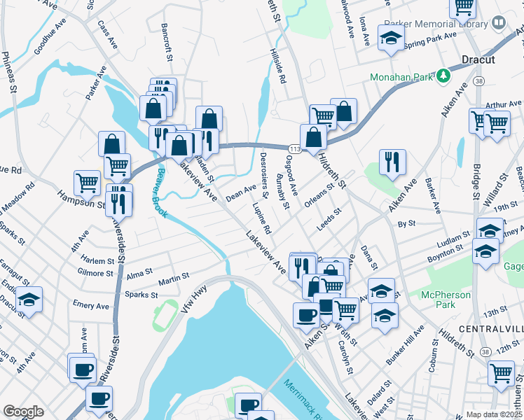 map of restaurants, bars, coffee shops, grocery stores, and more near 63 Lupine Road in Lowell