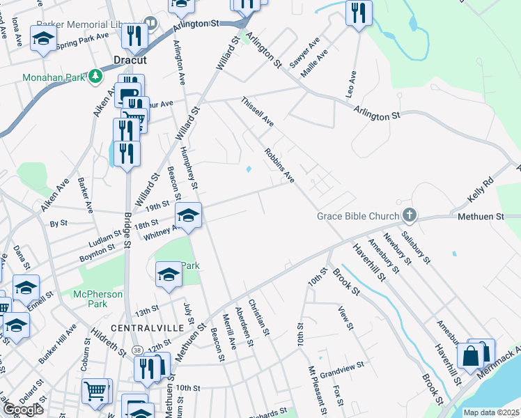 map of restaurants, bars, coffee shops, grocery stores, and more near 350 Methuen Street in Dracut