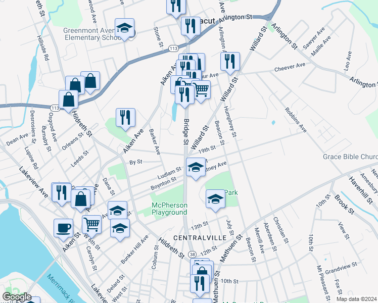 map of restaurants, bars, coffee shops, grocery stores, and more near 26 18th Street in Lowell