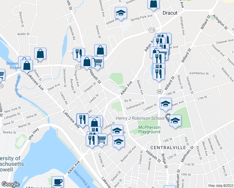 map of restaurants, bars, coffee shops, grocery stores, and more near 186 Aiken Avenue in Lowell