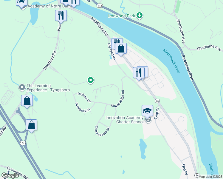 map of restaurants, bars, coffee shops, grocery stores, and more near Maple Ridge Road in Tyngsborough