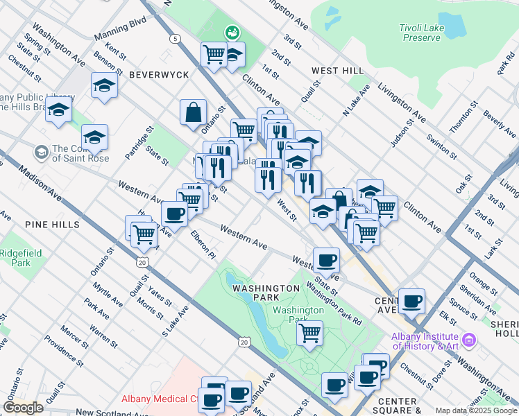 map of restaurants, bars, coffee shops, grocery stores, and more near 135 Western Avenue in Albany