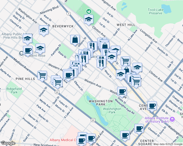 map of restaurants, bars, coffee shops, grocery stores, and more near 38 Cortland Place in Albany