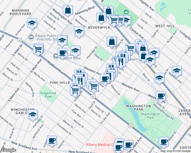 map of restaurants, bars, coffee shops, grocery stores, and more near 492 Hudson Avenue in Albany