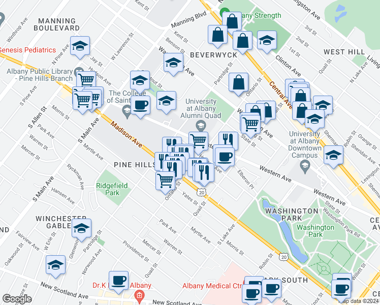 map of restaurants, bars, coffee shops, grocery stores, and more near 506 Hamilton Street in Albany