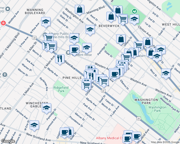 map of restaurants, bars, coffee shops, grocery stores, and more near 890 Madison Avenue in Albany