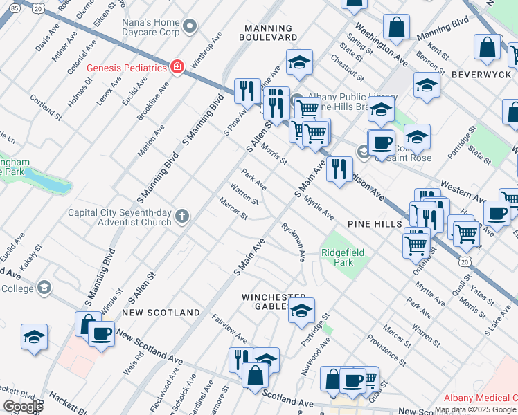 map of restaurants, bars, coffee shops, grocery stores, and more near 81 South Main Avenue in Albany