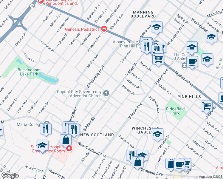 map of restaurants, bars, coffee shops, grocery stores, and more near 165 South Allen Street in Albany
