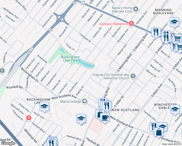 map of restaurants, bars, coffee shops, grocery stores, and more near 40 Kakely Street in Albany