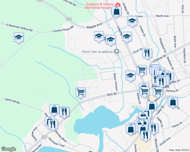 map of restaurants, bars, coffee shops, grocery stores, and more near 426 Court Street in Penn Yan