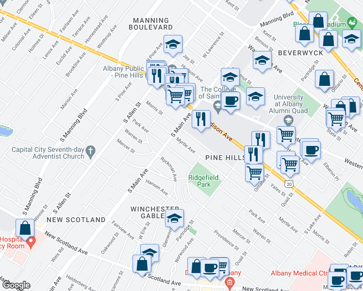 map of restaurants, bars, coffee shops, grocery stores, and more near 818 Myrtle Avenue in Albany