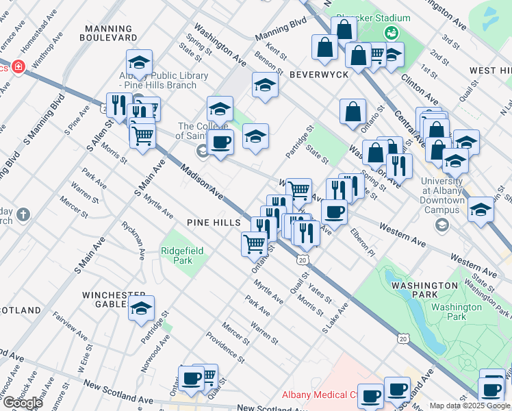 map of restaurants, bars, coffee shops, grocery stores, and more near 219 Partridge Street in Albany