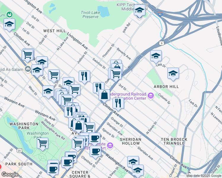 map of restaurants, bars, coffee shops, grocery stores, and more near Henry Johnson Blvd & 2nd St in Albany