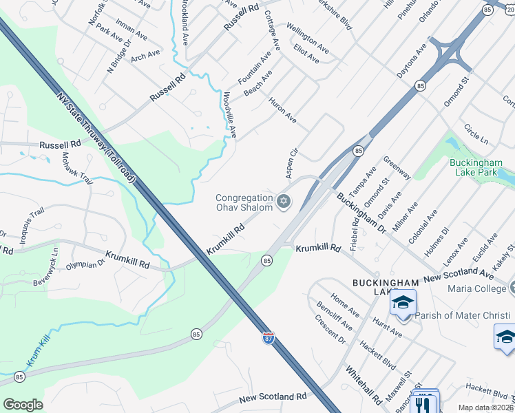map of restaurants, bars, coffee shops, grocery stores, and more near 44 Eustis Road in Albany