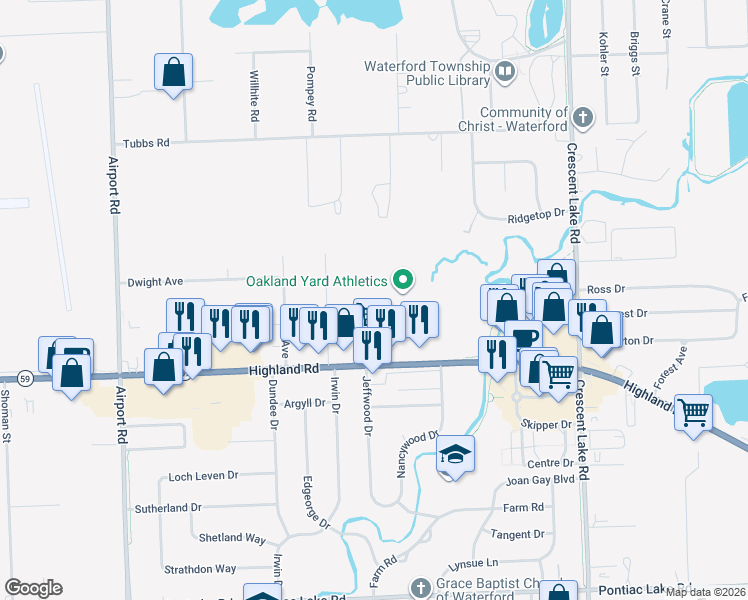 map of restaurants, bars, coffee shops, grocery stores, and more near 1704 Irwin Drive in Waterford Township