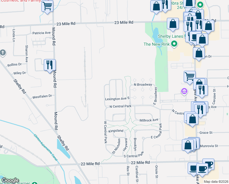 map of restaurants, bars, coffee shops, grocery stores, and more near 50109 Lexington Avenue East in Macomb County