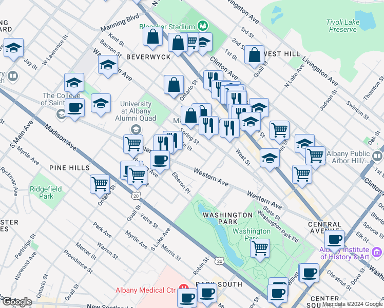map of restaurants, bars, coffee shops, grocery stores, and more near 664 State Street in Albany