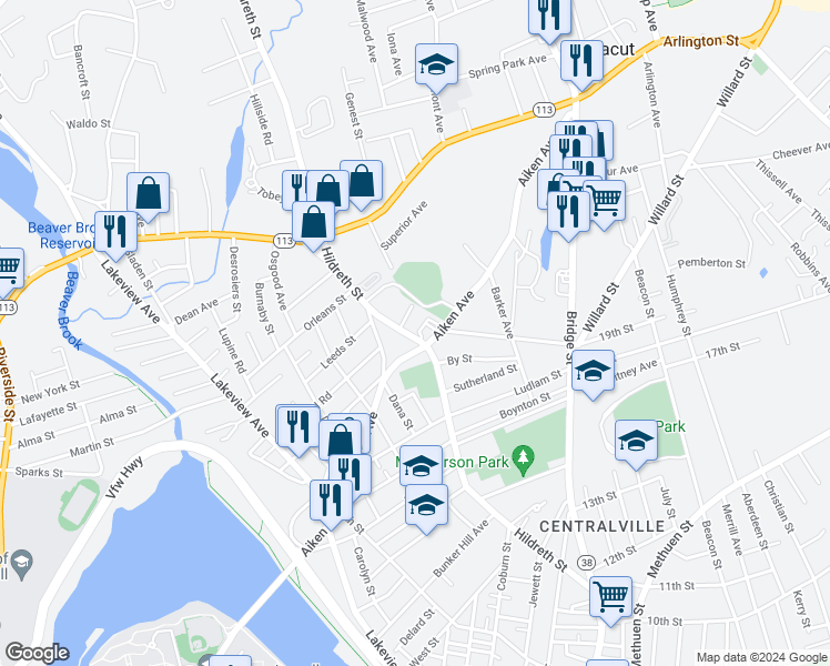 map of restaurants, bars, coffee shops, grocery stores, and more near in Lowell