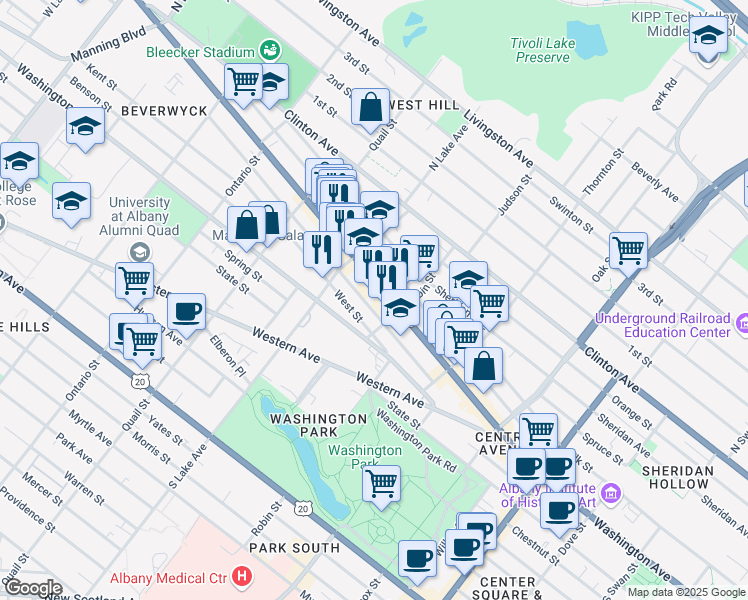 map of restaurants, bars, coffee shops, grocery stores, and more near 241 Central Avenue in Albany