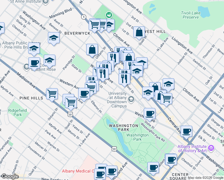 map of restaurants, bars, coffee shops, grocery stores, and more near 108 Spring Street in Albany