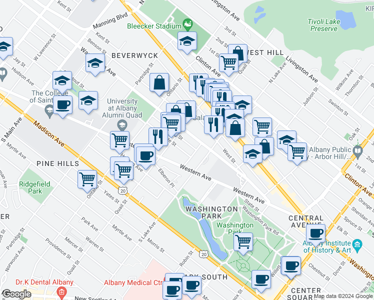 map of restaurants, bars, coffee shops, grocery stores, and more near 496 Washington Avenue in Albany