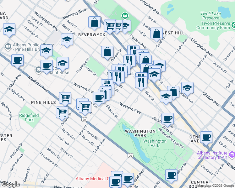 map of restaurants, bars, coffee shops, grocery stores, and more near 162 Quail Street in Albany