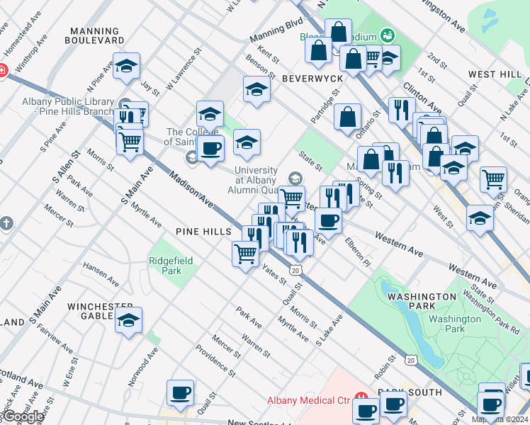 map of restaurants, bars, coffee shops, grocery stores, and more near 326 Western Avenue in Albany