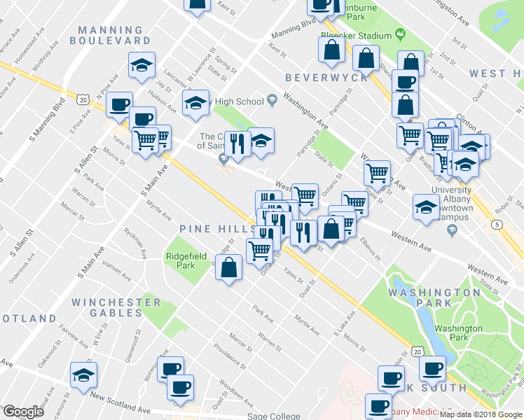 map of restaurants, bars, coffee shops, grocery stores, and more near 196 Partridge Street in Albany