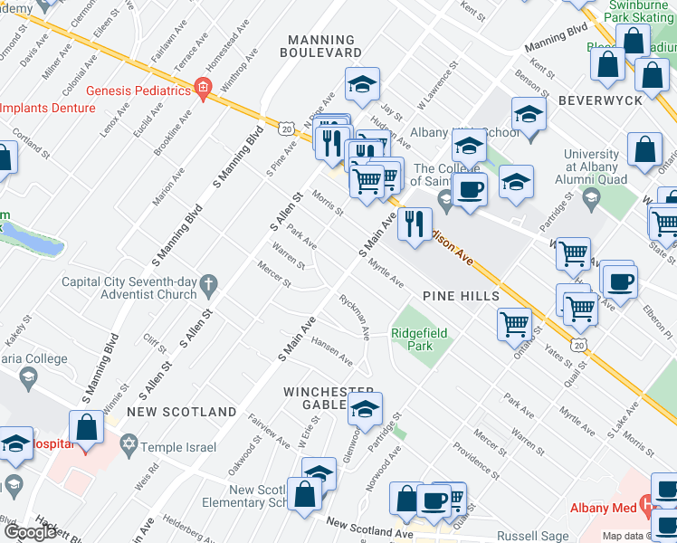map of restaurants, bars, coffee shops, grocery stores, and more near 859 Park Avenue in Albany