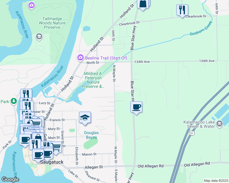 map of restaurants, bars, coffee shops, grocery stores, and more near 719 North Maple Street in Saugatuck